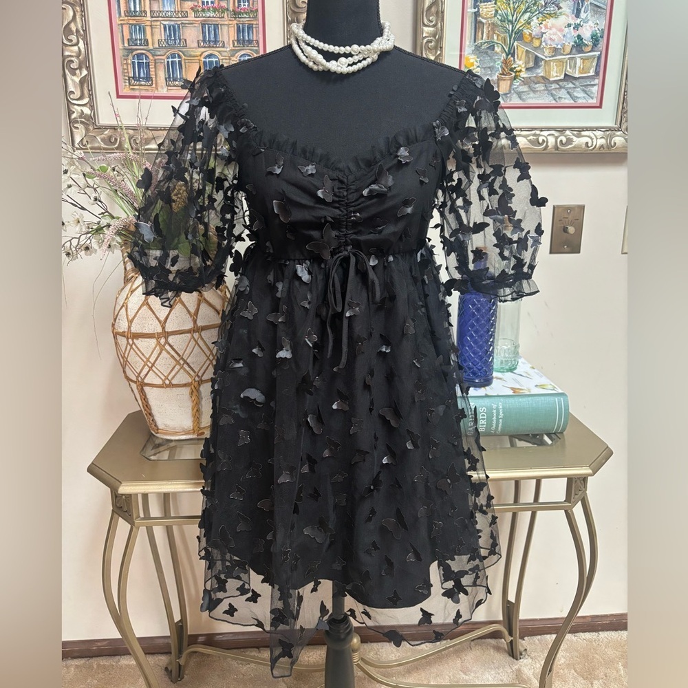 THIRTY THIRTY LA BLACK SHEER BUTTERFLY PUFF SLEEVE BABYDOLL MINI DRESS SIZE MED - Picture 5 of 9